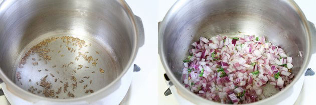 Collage of 2 images showing tempering cumin seeds and cooking onion.