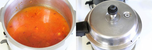 Collage of 2 images showing adding water and cooking covered.