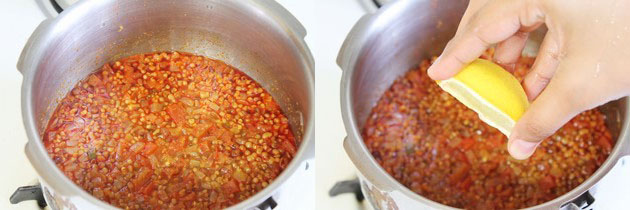 Collage of 2 images showing cooked beans and adding lemon juice.