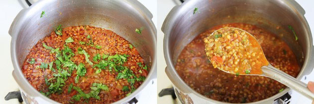 Collage of 2 images showing add cilantro and mix.