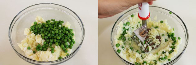 Collage of 2 images showing boiled potatoes and peas in a bowl and mashing with potato masher.