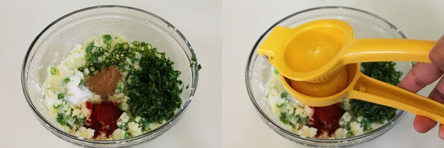 Collage of 2 images showing adding rest tikki ingredients and lemon juice.