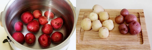 Collage of 2 images showing boiling baby potato and peeling.
