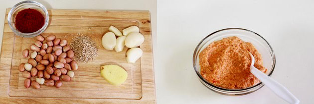 Collage of 2 images showing paste ingredients on a board and paste in a bowl.