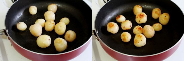 Collage of 2 images showing shallow frying potatoes.