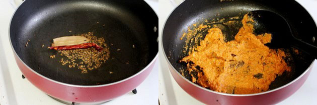 Collage of 2 images showing tempering of spices and cooking paste.