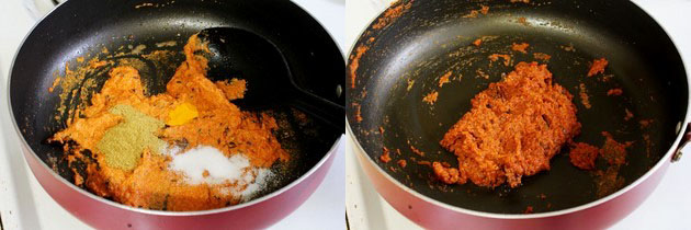 Collage of 2 images showing adding spices and mixed.