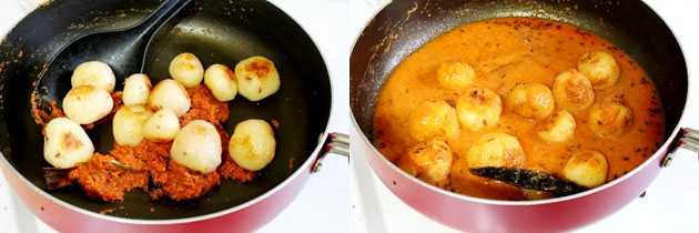 Collage of 2 images showing adding potatoes and water.