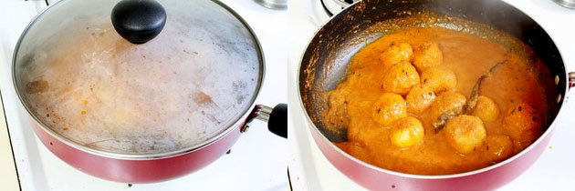 Collage of 2 images showing pan is covered and cook sabzi.