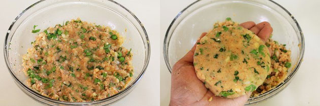 Collage of 2 images showing aloo tikki mixture and shaped into patty.