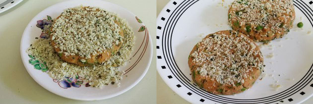 Collage of 2 images showing coating with bread crumbs and placing on a plate.