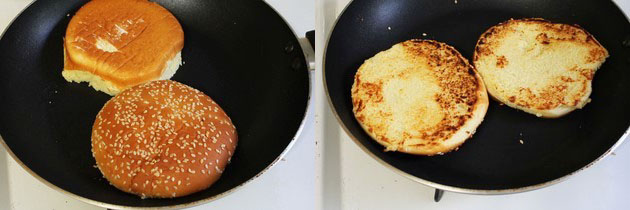 Collage of 2 images showing toasting burger buns in a pan.