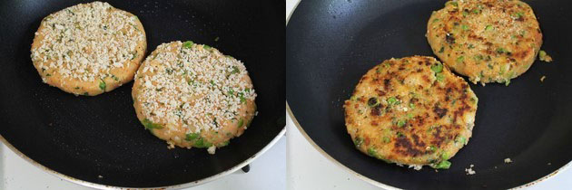 Collage of 2 images showing shallow frying aloo tikki patties both sides.