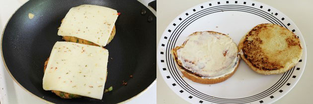 Collage of 2 images showing placing a cheese on the patty and spreading mayo on the bun.