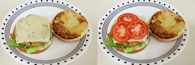 Collage of 2 images showing placing patty and tomatoes on top.