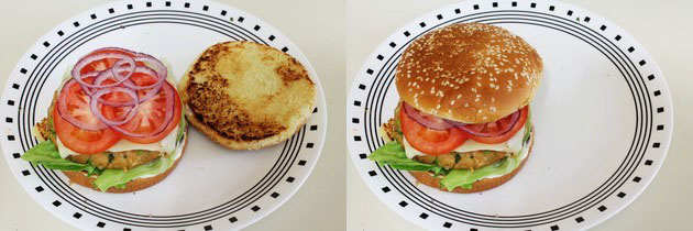 Collage of 2 images showing placing some onion rings and top bun.