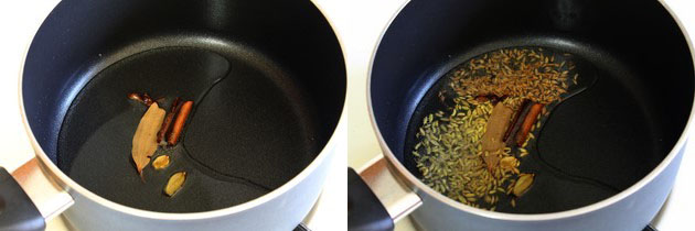 Collage of 2 images showing tempering of whole spices, cumin and fennel seeds.