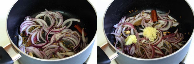 Collage of 2 images showing adding onion, ginger and garlic.