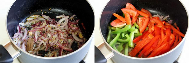 Collage of 2 images showing cooked onion and adding peppers.