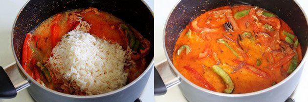 Collage of 2 images showing adding rice and water.