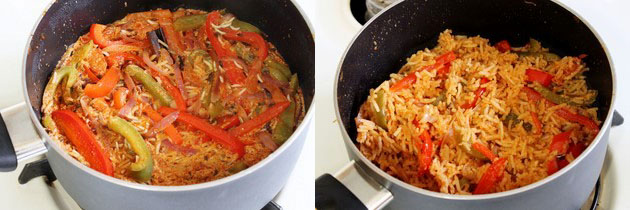 Collage of 2 images showing cooked rice and fluffed up.
