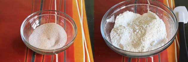 Collage of 2 images showing cinnamon sugar in a bowl and dry flour mixture in another.
