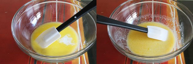 Collage of 2 images showing wet ingredients in a bowl and mixed.