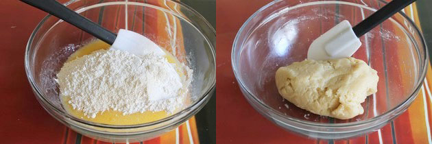 Collage of 2 images showing adding dry to wet bowl and mixing to make a cookie dough.