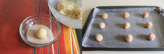 Collage of 2 images showing a cookie dough ball coated with cinnamon sugar and placed on a cookie tray.