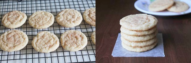 Collage of 2 images showing snickerdoodles on a rack and a stack of cookies.