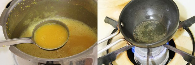 Collage of 2 images showing mashed dal and tempering of mustard seeds.