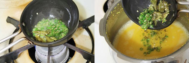 Collage of 2 images showing adding green chili and curry leaves in tempering and adding to amti.