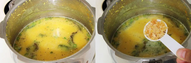 Collage of 2 images showing amti is mixed and adding jaggery.