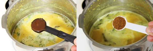 Collage of 2 images showing adding tamarind paste and goda masala.