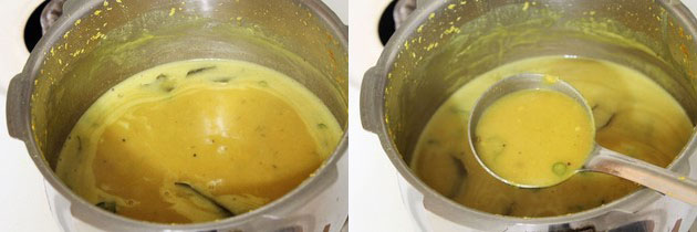 Collage of 2 images showing simmering dal and taking a ladleful dal.