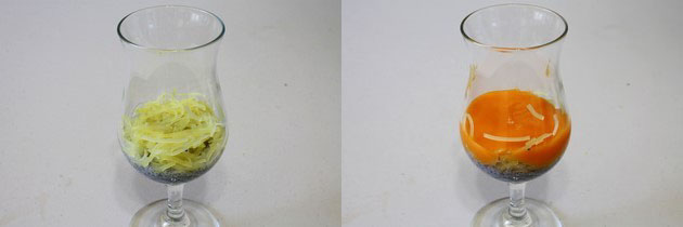 layer of cooked falooda sev and mango pulp