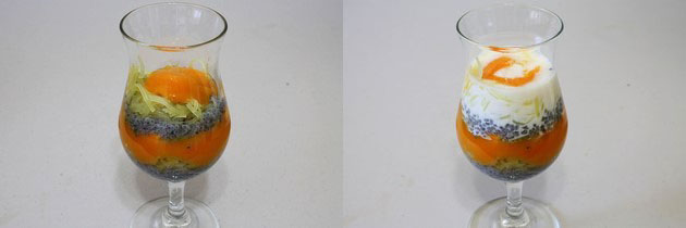 again layer of falooda sev, mango pulp and then pour milk