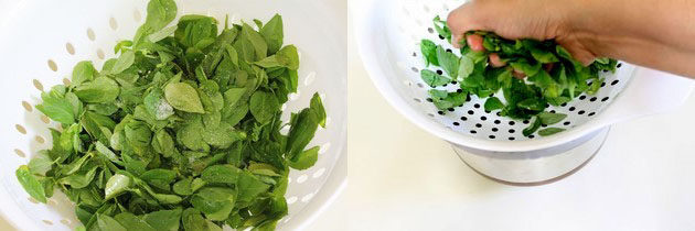 sprinkling salt on methi leaves and squeezing the water