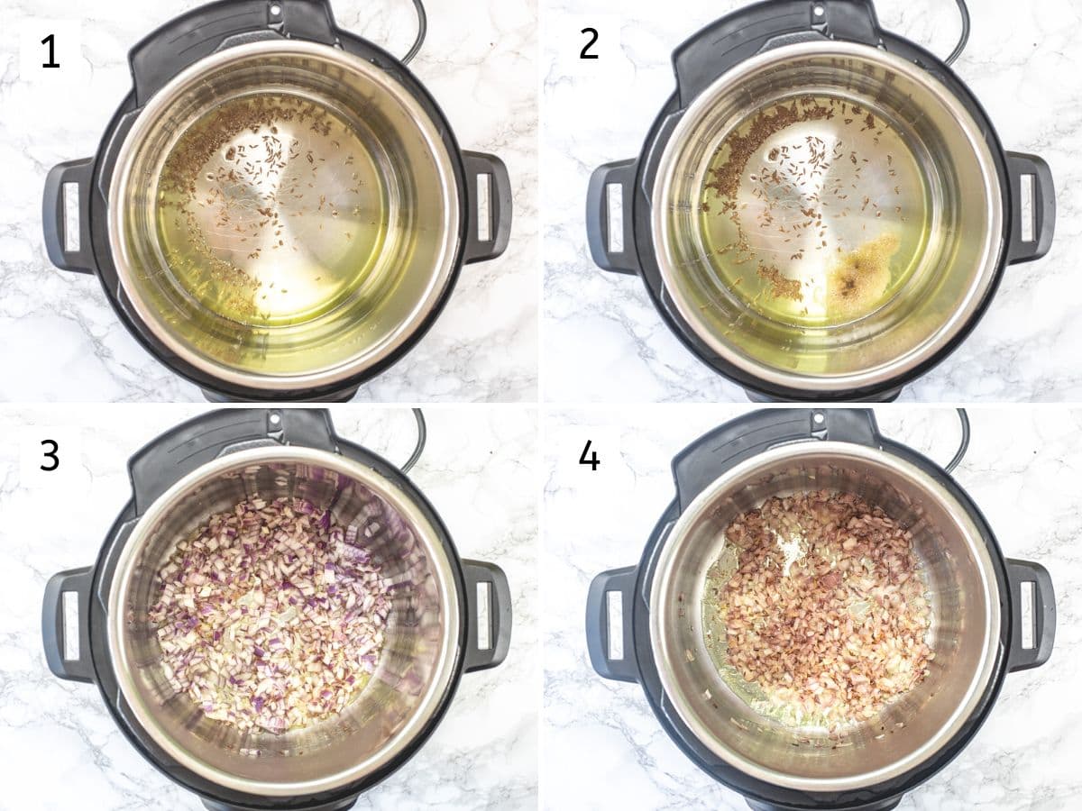 Collage of 4 images showing tempering cumin seeds, hing, cooking onion.