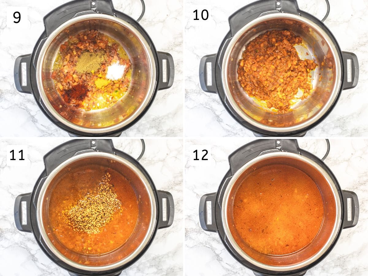 Collage of 4 images showing adding and mixing spices, soaked beans and water.