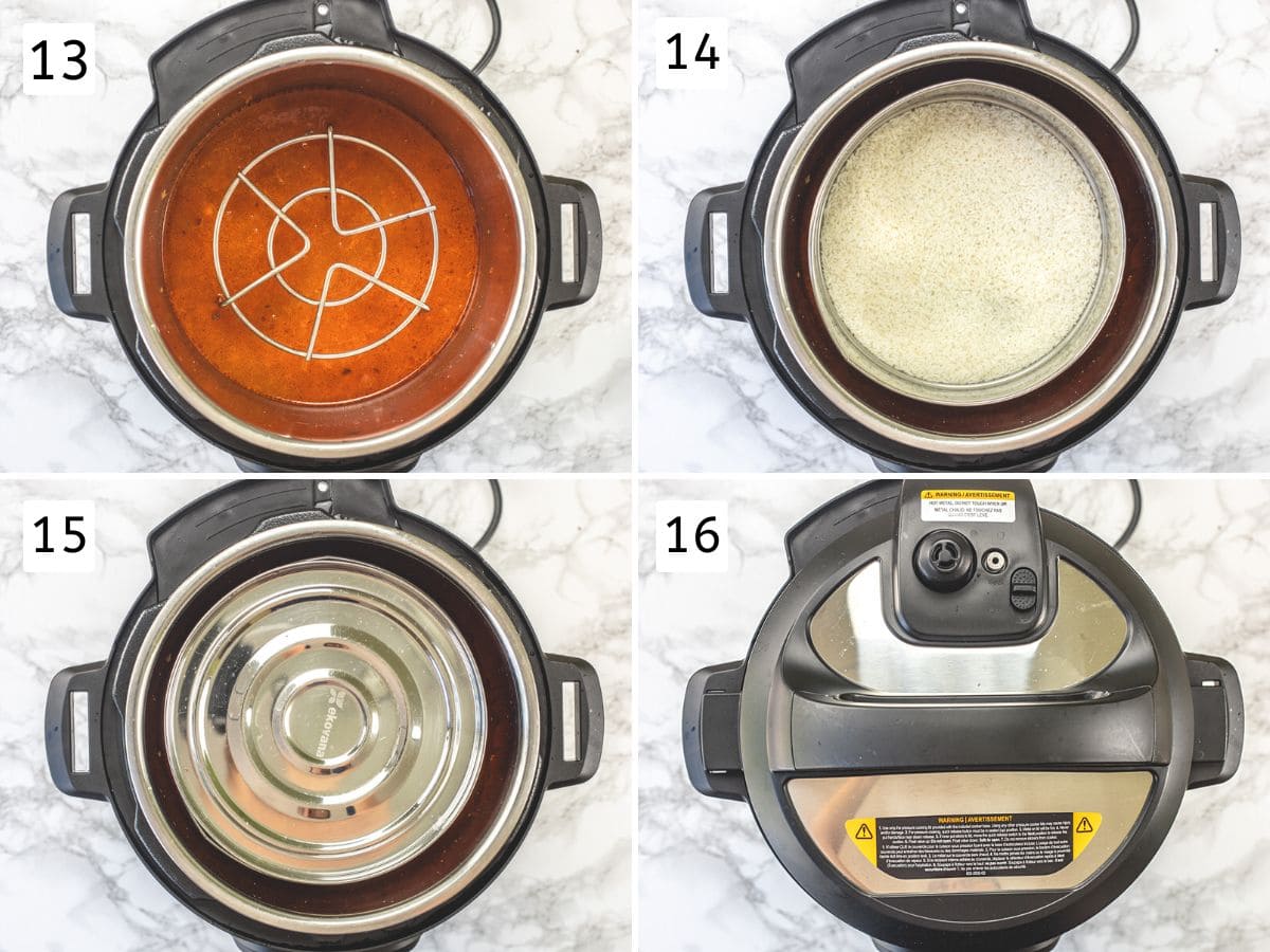 Collage of 4 images showing placing trivet, rice container, covering with a lid.