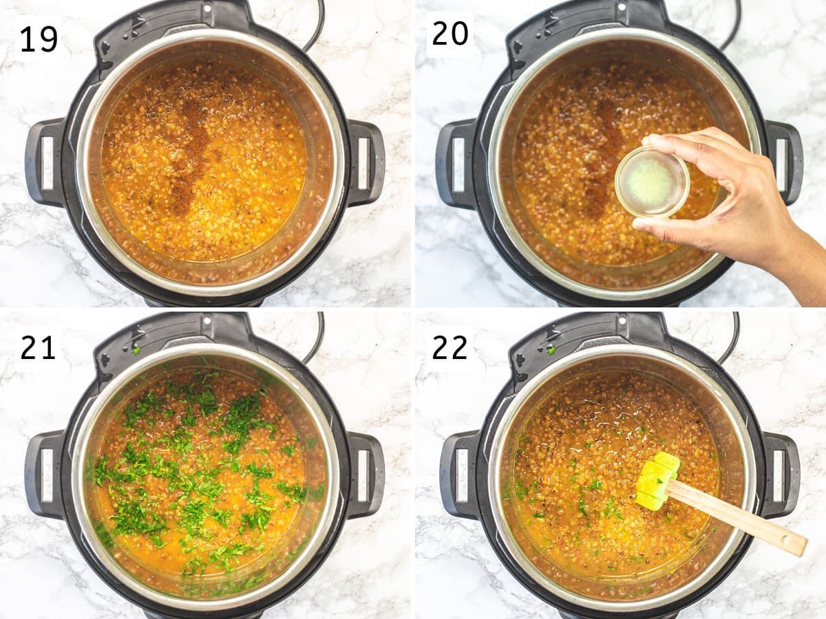 Collage of 4 images showing adding garam masala, lemon juice and cilantro.
