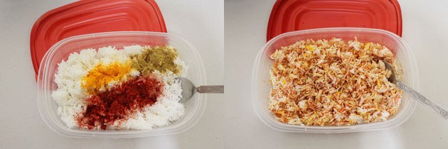 Collage of 2 images showing adding spices to the rice and mixing.