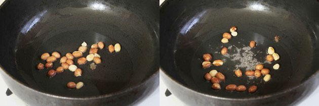 Collage of 2 images showing tempering mustard seeds and roasting peanuts.