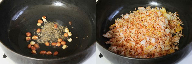Collage of 2 images showing tempering cumin seeds and adding spices mixed rice.