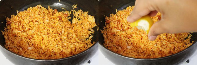 Collage of 2 images showing mixing rice and adding lemon juice.