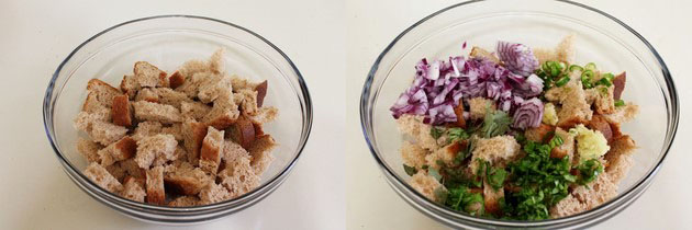 bread pieces, onion, green chilies and cilantro in a bowl