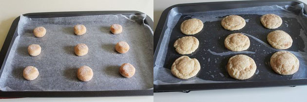 Collage of 2 images showing flattened the cookie balls and baked cookies.