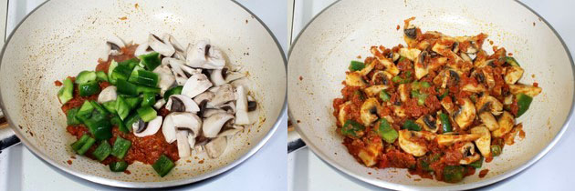 Collage of 2 images showing adding capsicum and mushrooms.
