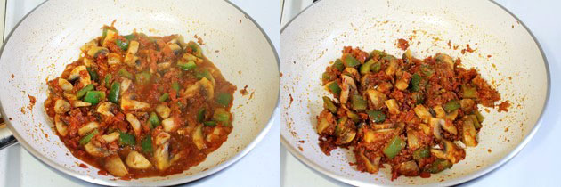 Collage of 2 images showing cooking veggies.